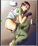  ass belt blush bonnie_(rsg) brown_hair fingerless_gloves gloves hat lying no_panties open_mouth pants_down rebecca_chambers resident_evil short_hair solo spray_can 