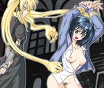  arms_behind_back arms_up bdsm black_cat_(series) blonde_hair blue_hair blush bondage bottomless bound bound_wrists breasts detached_sleeves dress eve_(black_cat) hair_ribbon hands kirisaki_kyouko long_hair long_sleeves medium_breasts mikagami_sou multiple_girls naughty_face no_bra open_clothes open_shirt pink_eyes prehensile_hair pubic_hair purple_eyes rape ribbon shirt short_hair smile turtleneck twintails very_long_hair yuri 
