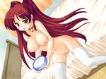  :p bed bell bell_collar blush breasts brown_eyes collar hase_yu kousaka_tamaki long_hair medium_breasts milk nipples nude pussy red_hair solo thighhighs to_heart_2 tongue tongue_out 