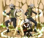 3boys ;o artist_request bandages barefoot bikini black_gloves clone collarbone fighting_stance fingerless_gloves full_body genderswap genderswap_(mtf) gloves groin hatake_kakashi headband holding holding_weapon leaning_forward long_hair long_sleeves midriff multiple_boys naruto naruto_(series) navel one_eye_closed red_eyes rock sandals sexy_no_jutsu silver_hair spiked_hair standing swimsuit tattoo thigh_gap twintails weapon 