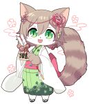  1girl akanehanagoi brown_hair cat cat_busters furry green_eyes japanese_clothes long_hair open_mouth solo 