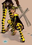  ass back black_dress boots dark_skin dress garters kim_hyung_tae lingerie long_sleeves multiple_girls panties short_dress squatting standing striped striped_legwear sword thigh_boots thighhighs underwear war_of_genesis weapon white_panties yellow_legwear 