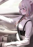  1girl absurdres animal_ears bangs black_shorts blonde_hair blue_hair blush breasts car_interior closed_mouth collared_shirt corset ear_piercing from_side grey_eyes grey_hair grey_legwear hair_ornament highres hololive large_breasts lion_ears long_sleeves looking_away multicolored_hair nemoto_yuuma pantyhose piercing purple_hair seatbelt shirt shishiro_botan short_hair shorts sitting smile solo streaked_hair virtual_youtuber white_shirt x_hair_ornament 