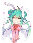  1girl absurdres animal_ears bow coat double_bun finana_ryugu flower fur_coat fur_trim green_hair hair_flower hair_ornament head_fins headband highres long_hair lucadark_art nijisanji nijisanji_en one_eye_closed purple_eyes purple_flower rabbit_ears red_scarf scarf scarf_bow smile solo teeth twintails virtual_youtuber white_background white_coat 