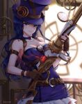  1girl absurdres aniroud arm_strap belt blue_eyes brown_belt caitlyn_(league_of_legends) chest_harness closed_mouth dress gun harness hat highres holding holding_gun holding_weapon league_of_legends long_hair looking_at_viewer purple_dress purple_headwear rifle sniper_rifle solo strapless strapless_dress top_hat upper_body weapon 