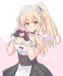  alternate_hairstyle blonde_hair breasts cleavage double_bun fletcher_(kancolle) hair_ornament heart heart_hands highres icesherbet kantai_collection large_breasts long_hair maid maid_headdress ponytail purple_eyes sidelocks simple_background star_(symbol) star_hair_ornament twitter_username 