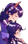  1boy 1girl braid closed_mouth english_commentary eyelashes genshin_impact hair_ornament highres hug hug_from_behind japanese_clothes long_hair long_sleeves low-braided_long_hair low-tied_long_hair mole mole_under_eye mother_and_son nh_4rt purple_eyes purple_hair purple_nails raiden_shogun scaramouche_(genshin_impact) sidelocks very_long_hair 