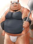  2022 anthro asian_clothing belly big_belly bodily_fluids clothing east_asian_clothing fundoshi hi_res humanoid_hands inunodaidokoro japanese_clothing kemono male mammal overweight overweight_male scar solo spatula suid suina sus_(pig) sweat tools underwear white_clothing white_fundoshi white_underwear wild_boar 