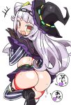  1girl ass bangs black_gloves blunt_bangs brown_eyes commentary_request gloves hand_to_own_mouth hat hololive kanikama laughing long_hair looking_at_viewer looking_back microskirt murasaki_shion skirt solo striped striped_legwear sweat thighhighs translation_request white_hair witch_hat 