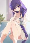  1girl bangs barefoot beer_can blue_hair blurry blurry_background blush braid breasts can cleavage closed_mouth collarbone collared_shirt commentary_request curtains depth_of_field dress_shirt flower genshin_impact hair_flower hair_ornament hair_over_shoulder hand_up head_tilt highres holding holding_can long_hair long_sleeves looking_at_viewer medium_breasts multicolored_hair naked_shirt purple_eyes purple_flower purple_hair raiden_shogun shadowsinking shirt single_braid smile soles solo streaked_hair very_long_hair white_shirt 