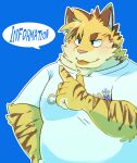  2022 absurd_res anthro belly big_belly blue_background clothing felid green_bell hi_res humanoid_hands kemono male mammal overweight overweight_male pantherine pink_nose shirt simple_background solo text text_on_clothing text_on_shirt text_on_topwear tiger tongue tongue_out topwear 