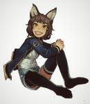  1girl animal_ears black_legwear blue_jacket blue_shorts borrowed_character brown_hair fangs fingernails fox_ears from_side grey_nails grin highres interlocked_fingers jacket looking_at_viewer medium_hair mossacannibalis open_clothes open_jacket original own_hands_together shirt short_shorts shorts simple_background sitting smile solo thighhighs white_background white_shirt yellow_eyes 