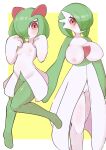  2girls arms_at_sides bangs blush bob_cut border breasts clenched_hands clitoris closed_mouth colored_skin commentary_request full_body gardevoir green_hair green_skin hair_over_one_eye hands_up highres kirlia knees_together_feet_apart kumori_megane large_breasts leg_up looking_at_viewer multicolored_skin multiple_girls nipples one_eye_covered outside_border partial_commentary pokemon pokemon_(creature) pussy red_eyes shiny shiny_hair shiny_skin short_hair simple_background small_breasts standing standing_on_one_leg two-tone_skin uncensored white_border white_skin wide-eyed yellow_background 