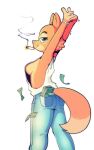  2022 anthro banknote bottomwear bracelet breasts butt canid canine cigarette clothed clothing denim denim_clothing diane_foxington dreamworks eyebrow_piercing facial_piercing female fox fur green_eyes hi_res jeans jewelry looking_at_viewer looking_back looking_back_at_viewer mammal money noogatdelight_(artist) orange_body orange_fur pants piercing portrait raised_arms side_boob side_view smoking solo stretching the_bad_guys three-quarter_portrait 