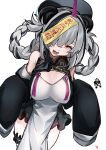  1girl alternate_costume animal_ears arknights bare_shoulders bear_ears black_dress black_hair black_headwear braid breasts cleavage cleavage_cutout clothing_cutout detached_sleeves dress feater_(arknights) grey_hair hair_over_one_eye hair_rings highres large_breasts leg_garter long_sleeves looking_at_viewer multicolored_hair ofuda open_mouth razu_(rus) red_eyes short_dress sleeves_past_fingers sleeves_past_wrists solo streaked_hair tabard 