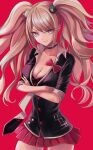  1girl bangs bear_hair_ornament black_choker black_jacket blue_eyes bow breasts buttons choker cleavage closed_mouth cowboy_shot crossed_arms danganronpa:_trigger_happy_havoc danganronpa_(series) enoshima_junko eyebrows_visible_through_hair gyaru hair_ornament highres huziko32 jacket lace-trimmed_choker lace_trim large_breasts long_hair looking_at_viewer loose_necktie miniskirt monokuma necktie pink_hair pleated_skirt red_background red_bow red_skirt school_uniform short_sleeves simple_background skirt smile solo swept_bangs twintails v-shaped_eyebrows wavy_hair 