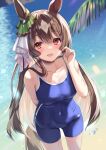 1girl animal_ears arm_behind_back bangs blue_swimsuit blurry blurry_background blush breasts brown_hair cleavage collarbone covered_navel hand_up highres holding holding_hair horse_ears horse_girl horse_tail kaneki_yushi large_breasts long_hair looking_at_viewer multicolored_hair one-piece_swimsuit open_mouth orange_eyes palm_tree satono_diamond_(umamusume) school_swimsuit solo sparkle standing swimsuit tail tree two-tone_hair umamusume water wet 