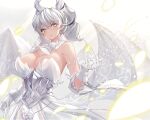  1girl absurdres ascot bangs bare_shoulders breasts character_request cleavage detached_collar detached_sleeves dress eyebrows_visible_through_hair gloves grey_eyes grey_hair hair_between_eyes highres horns large_breasts long_hair looking_at_viewer low_wings medium_hair multiple_wings pointy_ears rikiddo_(tise_00) solo strapless strapless_dress twintails white_ascot white_dress white_gloves wings yu-gi-oh! 