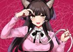  1girl agetama animal_ears bangs black_hair blush cat_ears cat_girl collar commentary commentary_request eyebrows_visible_through_hair frills hand_up highres idolmaster idolmaster_shiny_colors leash long_hair long_sleeves looking_at_viewer mayuzumi_fuyuko nail_polish pink_shirt red_background red_nails shirt smile solo upper_body white_collar yellow_eyes 