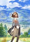  1girl arms_behind_back brown_hair brown_legwear cloud cloudy_sky commentary fjsmu forest from_behind grasslands hat highres mountainous_horizon nature pointy_ears pom_pom_(clothes) puffy_short_sleeves puffy_sleeves red_eyes ribbon ribbon-trimmed_skirt ribbon_trim scenery shameimaru_aya shirt short_hair short_sleeves sideways_glance sky smile solo thighhighs tokin_hat touhou white_ribbon white_shirt 