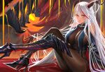  1girl absurdly_long_hair absurdres aegir_(azur_lane) armored_boots asymmetrical_footwear azur_lane bare_shoulders black_cape bodystocking boots breast_curtains breasts cape cross cross-laced_clothes cross_earrings demon_horns earrings full_body hair_between_eyes hair_on_horn high_heel_boots high_heels highres horns jewelry kaki_z3 knee_boots large_breasts long_hair looking_at_viewer mechanical_animal multicolored_hair red_hair single_knee_boot solo streaked_hair two-tone_hair underbust uneven_footwear very_long_hair white_hair yellow_eyes 