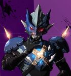  1boy alien armor black_gloves dorsal_fin elbow_gloves evil_smile gloves gold_nails harness kagami_rei male_focus mask purple_background red_eyes reiwa shoulder_armor shoulder_spikes smile spikes splatter ultra_series ultraman_taiga_(series) ultraman_tregear villain_pose 