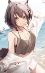  1girl animal_ears bangs beach blue_eyes breasts brown_camisole camisole cleavage highres long_hair looking_at_viewer mayogii medium_hair navel open_clothes open_shirt original shirt solo spaghetti_strap white_shirt 