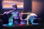  2022 5_fingers abs anthro canid canine detailed_background digital_media_(artwork) eyes_closed fingers fur male mammal shirtless sinalanf sitting sky solo 