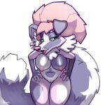  1:1 anthro avioylin bedroom_eyes breasts canid canine canis cheeky domestic_dog fay female floppy_ears fluffy fluffy_hair fluffy_tail hair hi_res looking_at_viewer mammal narrowed_eyes nipples nude open_mouth seductive simple_background solo thick_thighs 