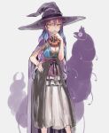  1girl blue_hair breasts cape cleavage closed_mouth contrapposto corset dress gradient_hair grey_dress hand_on_hip hand_on_own_chin hat highres looking_at_viewer medium_breasts multicolored_hair okbnkn original purple_cape purple_hair purple_headwear skirt solo standing stroking_own_chin white_skirt witch witch_hat yellow_eyes 