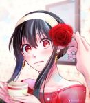  1girl artist_name black_hair blush cup earrings flower hair_flower hair_ornament hairband holding holding_cup hutaba_nito jewelry long_hair red_eyes red_flower red_rose red_sweater rose sidelocks spy_x_family sweater wavy_mouth white_hairband yor_briar 