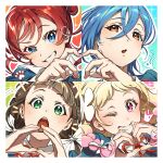  4girls bangs blonde_hair blue_eyes blue_hair braid brown_hair commentary_request gradient_hair green_eyes highres hotechige long_hair looking_at_viewer love_live! love_live!_superstar!! low_twintails multicolored_hair multiple_girls one_eye_closed onitsuka_natsumi orange_eyes pink_eyes pink_hair portrait red_hair sakurakouji_kinako school_uniform short_hair smile twin_braids twintails wakana_shiki yoneme_mei yuigaoka_school_uniform 