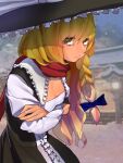  1girl arms_under_breasts bangs black_skirt blonde_hair blue_bow blush bow braid breasts brown_hair center_frills cleavage closed_mouth commentary_request cookie_(touhou) cowboy_shot frilled_hat frills hair_between_eyes hair_bow hat highres juliet_sleeves kirisame_marisa koiso_usu long_hair long_sleeves looking_at_viewer mars_(cookie) medium_breasts photo_background puffy_sleeves red_scarf scarf shrine side_braid single_braid skirt snowing solo touhou witch_hat 