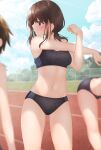  3girls ass_visible_through_thighs bent_over black_buruma black_sports_bra breasts brown_eyes brown_hair buruma cloud expressionless highres looking_away looking_to_the_side midriff minato_ojitan multiple_girls navel original outdoors outstretched_arm running_track short_hair sky small_breasts sports_bikini sports_bra stretch thighs track_and_field 