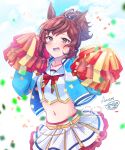  1girl :d animal_ears black_hair blue_jacket blue_sky blush bow breasts brown_eyes brown_hair cloud cloudy_sky collarbone commentary_request confetti crop_top day hands_up highres horse_ears ittokyu jacket looking_at_viewer midriff multicolored_hair navel nice_nature_(run&amp;win)_(umamusume) nice_nature_(umamusume) open_clothes open_jacket outdoors pleated_skirt pom_pom_(cheerleading) ponytail red_bow roar_yell!_tracen_academy_cheerleading_squad_(umamusume) sailor_collar shirt signature skirt sky small_breasts smile solo streaked_hair umamusume white_sailor_collar white_shirt white_skirt 