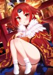  1girl apron bangs benienma_(fate) bird bird_hat blush breasts brown_headwear eating fate/grand_order fate_(series) fur_collar highres japanese_clothes kimono knees_up long_hair long_sleeves looking_at_viewer low_ponytail m-da_s-tarou masu open_mouth parted_bangs red_eyes red_hair red_kimono sitting small_breasts sparrow tabi thighs very_long_hair white_apron wide_sleeves 