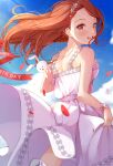  1girl :d bare_arms bare_shoulders blue_sky blush cloud day dress floating_hair flower_bracelet from_behind happy_birthday highres idolmaster long_hair looking_at_viewer looking_back minase_iori nira_(vira) orange_eyes orange_hair red_ribbon ribbon skirt_hold sky sleeveless sleeveless_dress smile solo stuffed_animal stuffed_bunny stuffed_toy teeth upper_teeth v white_dress 