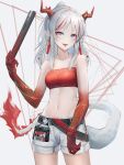  1girl :d arknights bandeau bangs bare_shoulders belt black_belt braid breasts commentary cowboy_shot flame-tipped_tail grey_background half_updo hand_up highres holding horns long_hair looking_at_viewer medium_breasts midriff multicolored_hair navel nian_(arknights) pointy_ears purple_eyes red_hair short_shorts shorts sidelocks smile solo standing sthk stomach strapless streaked_hair tongue tongue_out tube_top twin_braids white_hair white_shorts 