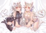  2girls absurdres animal_ear_fluff animal_ears arknights bangs bare_shoulders bed_sheet black_footwear black_leotard blush boots bracer breasts cat_ears cat_girl cat_mask cat_tail cleavage collarbone cross-laced_footwear curtains dual_persona eyebrows_visible_through_hair eyeshadow full_body grey_eyes hairband heart heart_tail high_heel_boots high_heels highres innoarukugyou kazemaru_(arknights) kneeling lace-up_boots large_breasts leotard long_hair looking_at_viewer makeup mask mask_on_head mole mole_under_eye multiple_girls on_bed parted_lips single_thigh_boot smile tail thigh_boots thighhighs very_long_hair white_footwear white_hair white_hairband white_leotard 