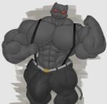  2022 abs anthro belt big_bulge big_muscles bottomwear bulge clothed clothing domestic_cat epic_games eye_scar facial_scar felid feline felis fist flexing fortnite gabgbb genital_outline grey_background grey_body grey_bottomwear grey_clothing grey_pants grey_theme hi_res huge_bulge huge_muscles looking_at_viewer male mammal meowscles meowscles_(shadow) muscular muscular_anthro muscular_male pants pecs penis_outline red_eyes scar scratches simple_background smile solo standing suspenders topless video_games 