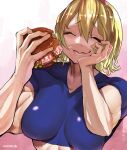  1girl alice_margatroid bacon bangs blue_skirt breasts burger character_name cheese closed_eyes closed_mouth commentary_request cookie_(touhou) eating eyebrows_visible_through_hair food hair_between_eyes hairband hand_on_own_cheek hand_on_own_face happy highres holding holding_food impossible_clothes impossible_shirt koiso_usu large_breasts lettuce muscular muscular_female pink_background red_hairband sakuranbou_(cookie) shirt short_hair short_sleeves skirt smile solo tomato touhou upper_body 