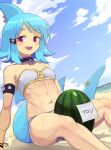  1girl :d bandages beach between_thighs bikini black_choker blue_hair blue_sky breasts choker cleavage cloud cloudy_sky earrings fish_tail food fruit highres jewelry looking_at_viewer muscular muscular_female open_mouth original outdoors pink_eyes sand shark_tail sharp_teeth short_hair sitting sky smile solo suweeka swimsuit tail teeth watermelon watermelon_between_thighs white_bikini 