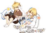  1boy 1girl aether_(genshin_impact) blonde_hair braid braided_ponytail brother_and_sister contemporary flower foot_on_face genshin_impact hair_flower hair_ornament handheld_game_console highres lumine_(genshin_impact) paimon_(genshin_impact) pillow playstation_vita siblings snack teasing thighhighs tongue tongue_out twins z.s.w. 