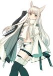  1girl animal_ears arknights bangs blush boots closed_mouth eyebrows_visible_through_hair grey_eyes highres horse_ears horse_girl kantaro long_hair midriff platinum_(arknights) shorts shrug_(clothing) solo thigh_boots thighhighs very_long_hair white_hair 