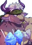  1boy animal_ears bara blue_outline body_fur brown_fur camouflage camouflage_headwear chest_hair commentary_request cow_ears cow_horns facial_hair furry furry_male goatee headband highres horns leaf looking_at_object male_focus minotaur mouth_hold muscular muscular_male outline purple_eyes purple_horns sakuhuu shaved_ice shennong_(housamo) short_hair solo stalk_in_mouth tokyo_afterschool_summoners upper_body white_background white_hair 