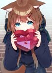  1girl animal_ears aona_(noraneko) bangs blue_eyes blush bow box brick_floor brown_hair cat_ears cat_tail coat covered_mouth duffel_coat ears_down from_above hair_ornament hairclip heart-shaped_box highres letter long_hair looking_at_viewer looking_up original scarf scarf_bow signature solo tail valentine 