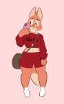  absurd_res anthro bottomwear canid canine cellphone clothing diane_foxington dreamworks female fox green_eyes hi_res mammal phone red_clothing ring shorts simple_background smartphone solo sweater tagme the_bad_guys thick_thighs toonarscontent topwear 