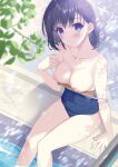  1girl absurdres black_hair blush braid breasts collarbone feet_out_of_frame highres leaf looking_at_viewer medium_breasts nipples original outdoors pool purple_eyes school_swimsuit short_hair sitting smile solo suzuhira_hiro swimsuit undressing water 