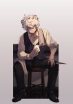  1boy absurdres animal_ears arknights bags_under_eyes bear_boy bear_ears bishounen chair eyebrows_visible_through_hair full_body highres ice if_f jaye_(arknights) jewelry knife male_focus necklace purple_eyes ring ring_necklace shoes short_hair sitting sleepy solo stool vest white_hair 