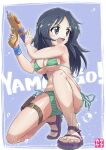  1girl absurdres bikini black_hair blush breasts cleavage eyebrows_visible_through_hair freckles girls_und_panzer green_bikini highres large_breasts long_hair looking_to_the_side open_mouth sandals shiny shiny_hair shiny_skin side-tie_bikini smile solo striped striped_bikini swimsuit water_gun yamagou_ayumi yamakake_(tororo1293) 